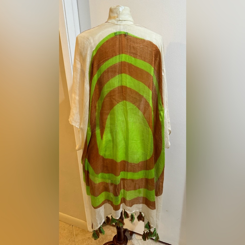 Parfois Kimono Unique Tie Tassels Bright Green Tan Lightweight Sheer Woven